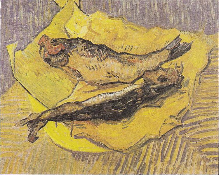 Vincent Van Gogh Still Life with smoked herrings on yellow paper